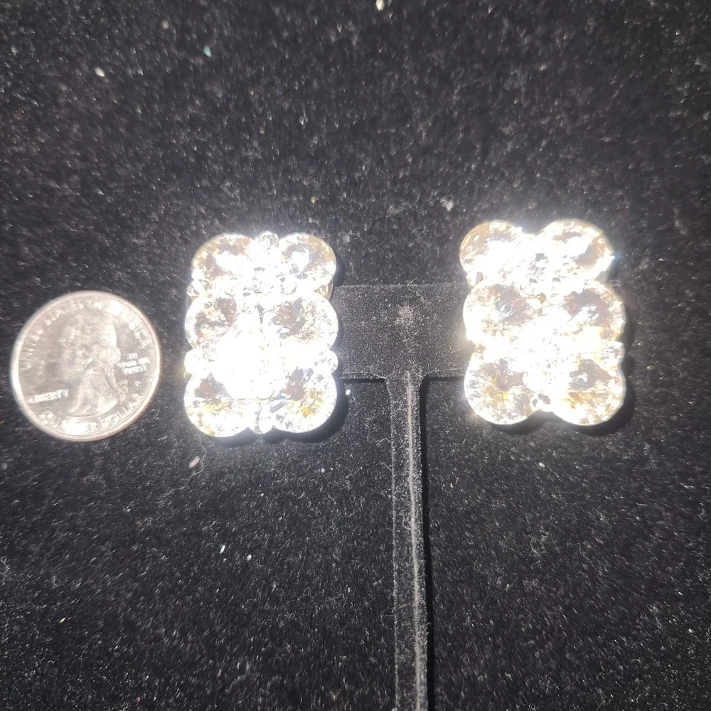 Vintage Clear Crystal Cluster Clip On Earrings Silver Tone Scalloped Statement